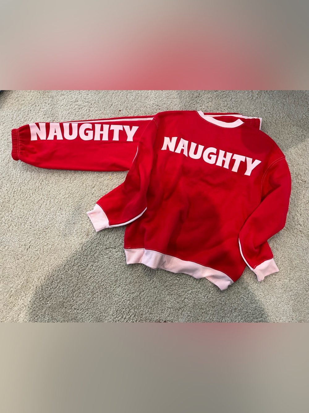 Wound Up Red Sweatshirt and Light Pink Trim Set Naughty/Nice NWOT